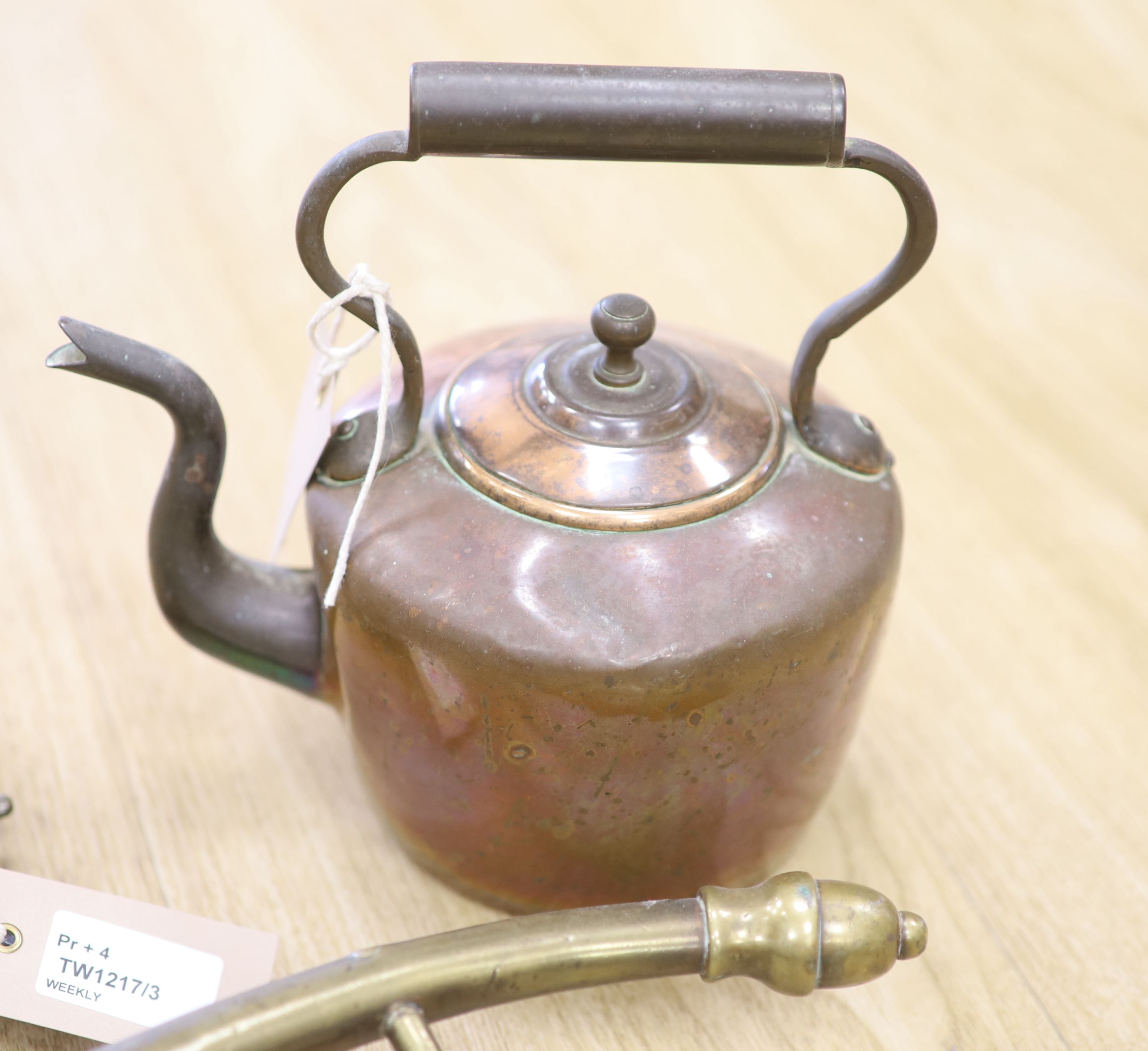 A pair of brass hames, a brass deskstand, a small copper kettle, a small brass and copper jardiniere and a pot stand